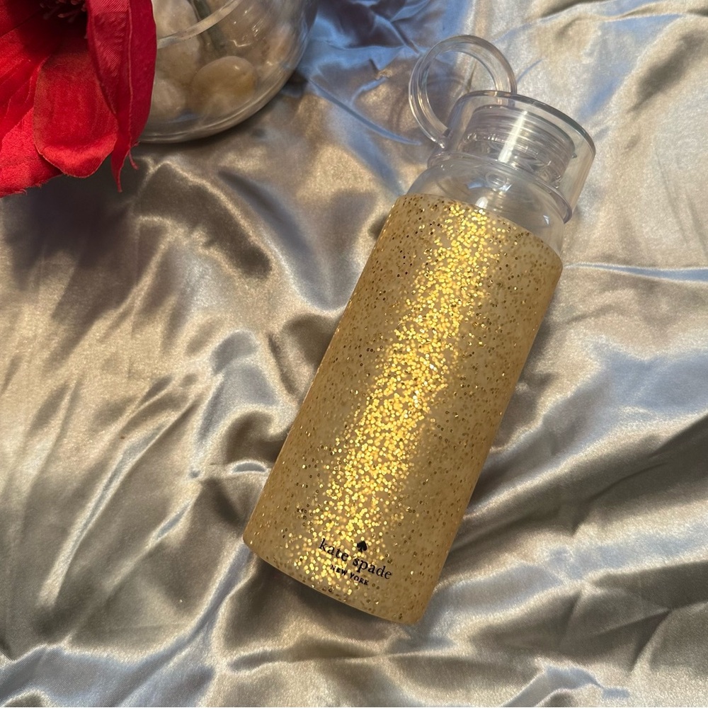 🌹Kate Spade • 16 Oz Sparkling Glass Glitter Gold Water Bottle •